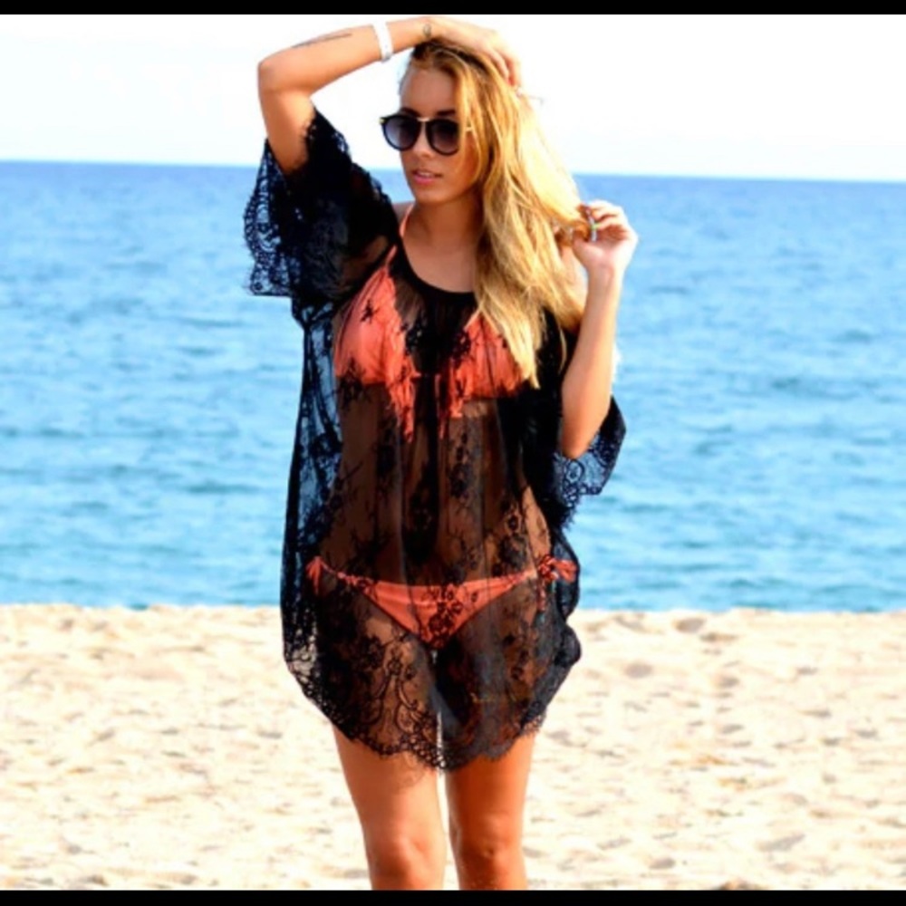 Beautiful Black Cold Shoulder Lace Cover Up
